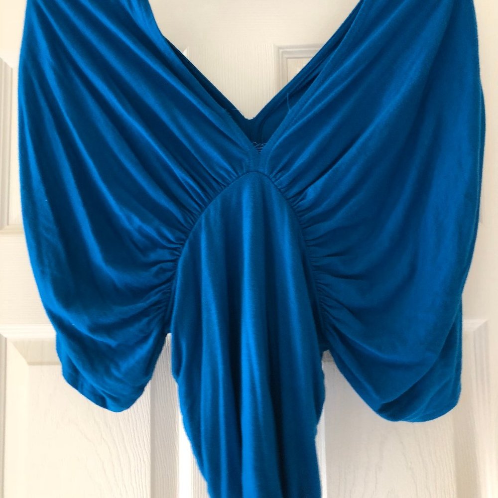 WOMENS BLUE PEASANT TOP DEEP V BLOUSE
